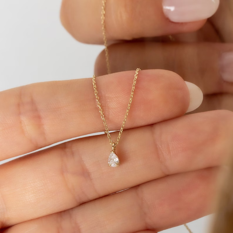 Petite Pear Cut Diamond Solitaire Necklace in Solid Gold