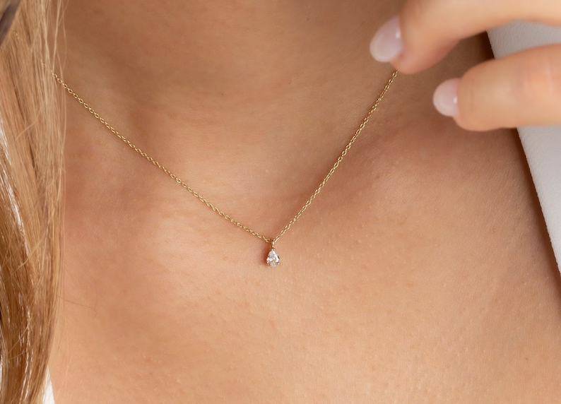 Petite Pear Cut Diamond Solitaire Necklace in Solid Gold
