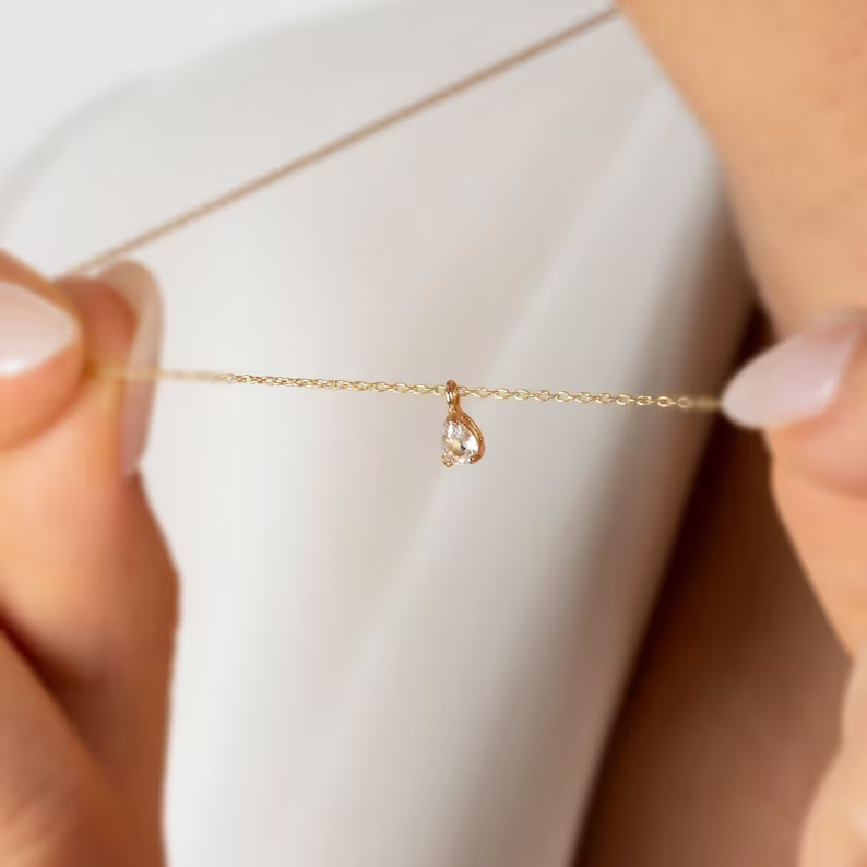 Petite Pear Cut Diamond Solitaire Necklace in Solid Gold