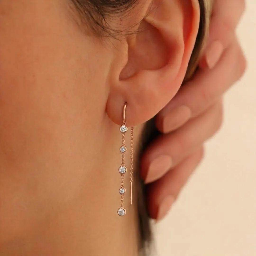Five diamond bezel threader drop earrings by AuvelleCo, view 2