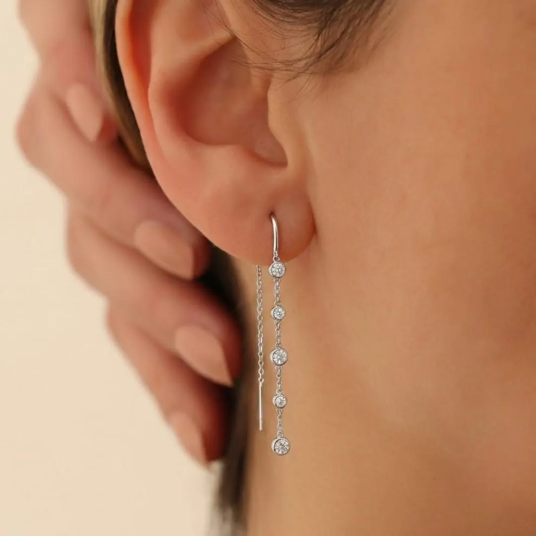 Five diamond bezel threader drop earrings by AuvelleCo, view 3