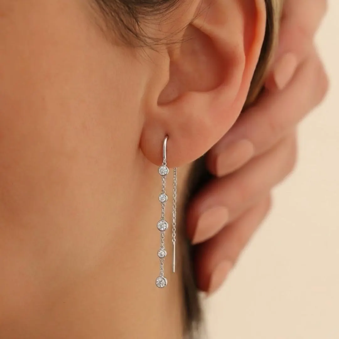Five diamond bezel threader drop earrings by AuvelleCo, view 4