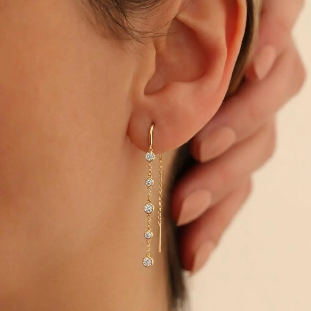 Five diamond bezel threader drop earrings by AuvelleCo, view 5