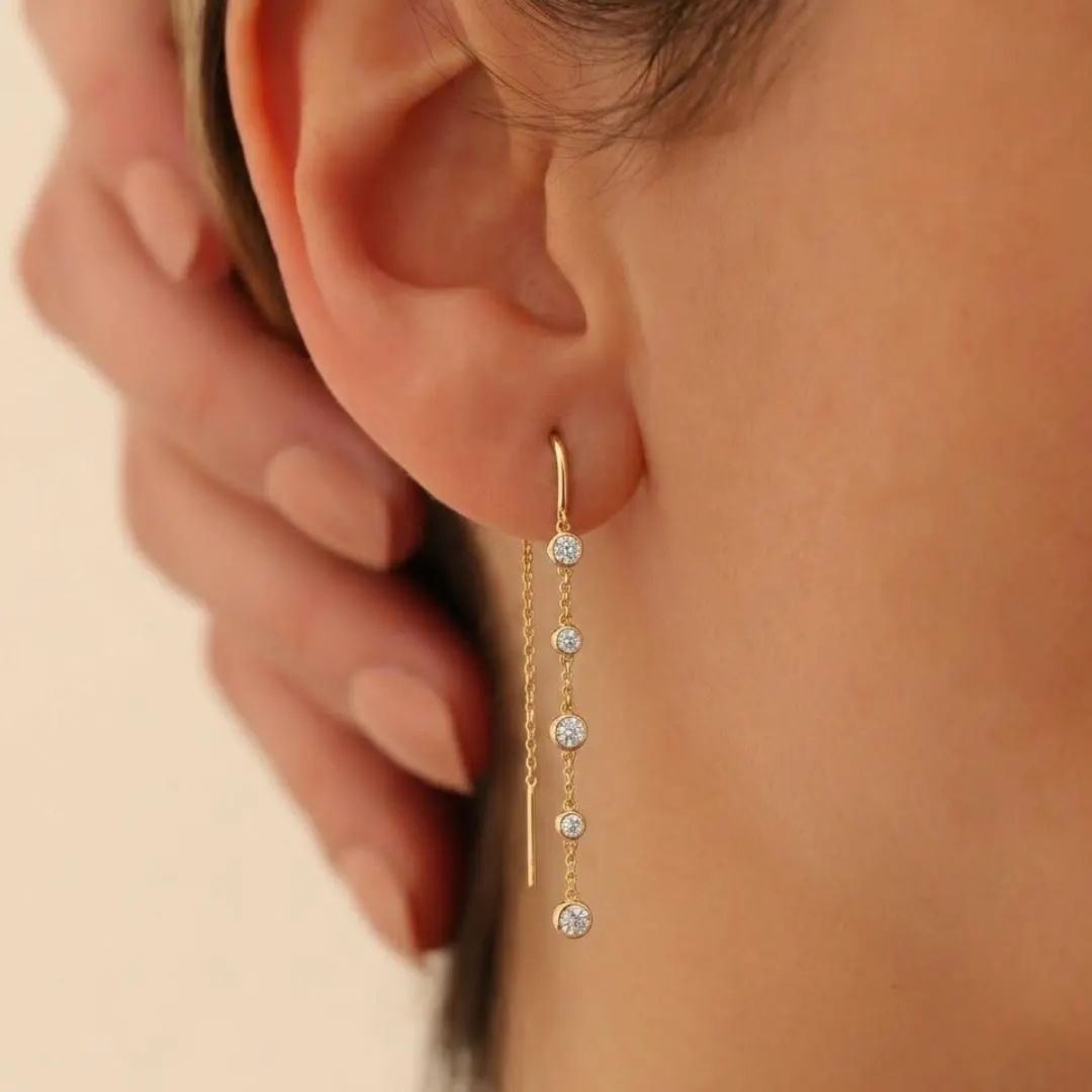 Five diamond bezel threader drop earrings by AuvelleCo, view 6