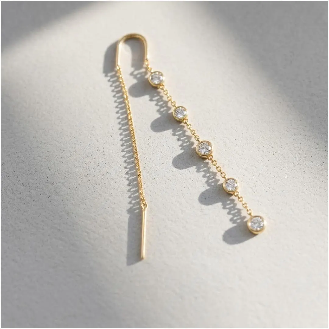 Five diamond bezel threader drop earrings by AuvelleCo, view 7