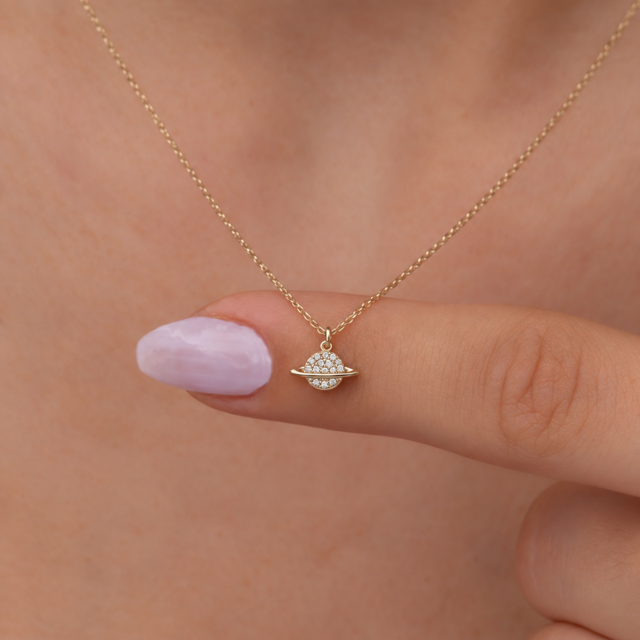 AuvelleCo diamond Saturn planet necklace in solid gold