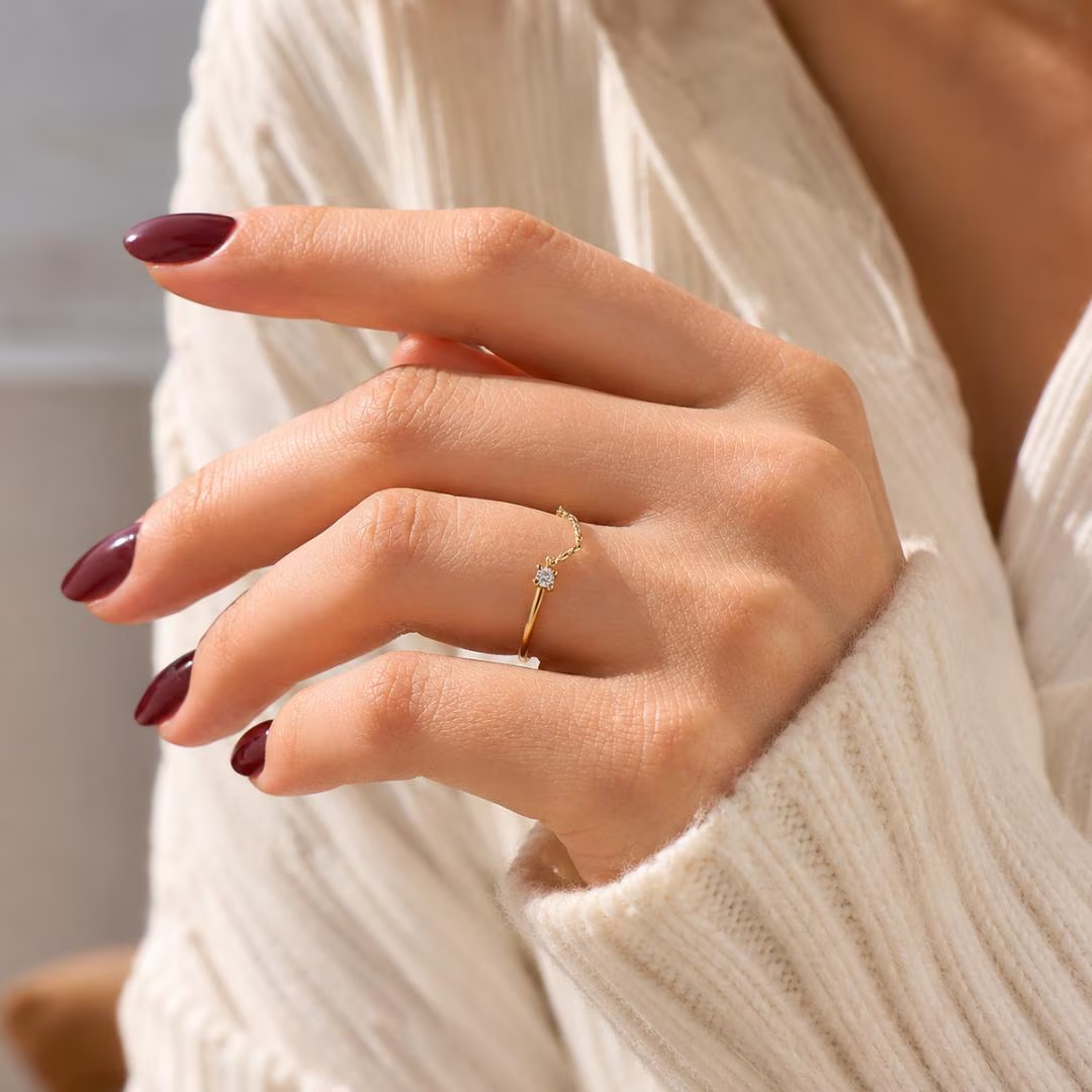 AuvelleCo diamond chain open band ring in solid gold with fine cable chain accent