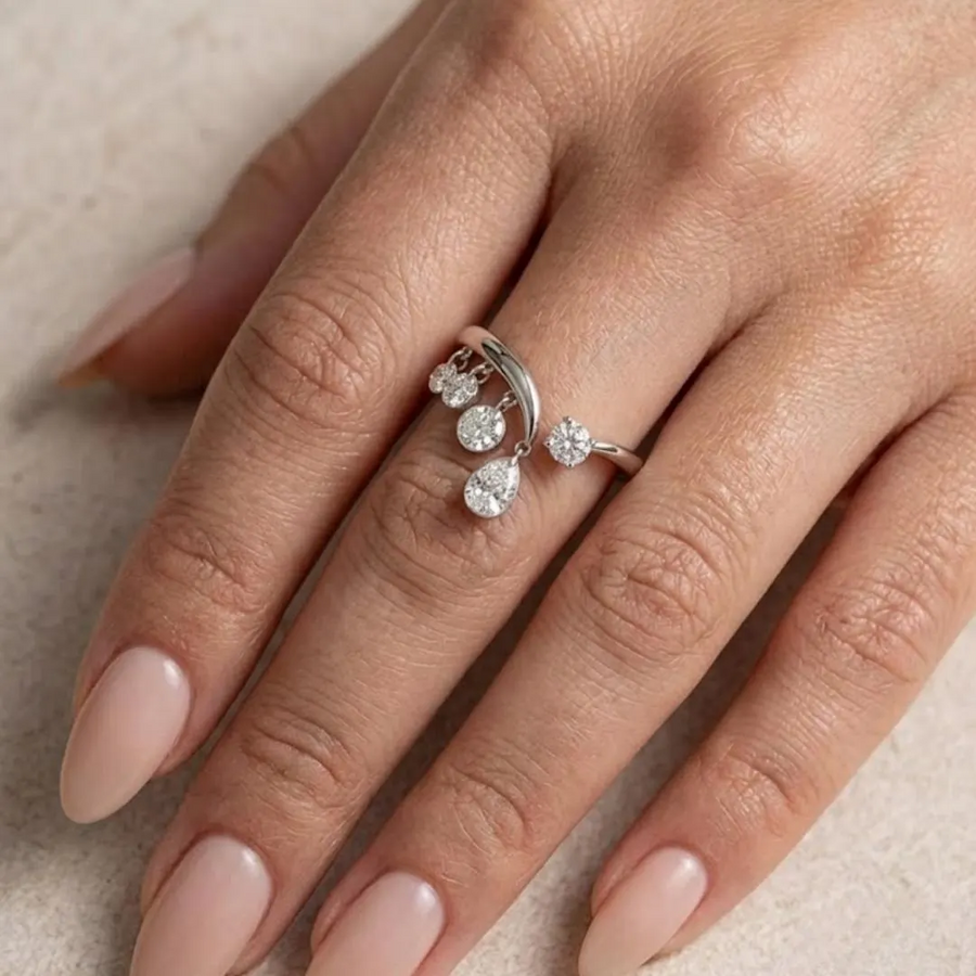 Diamond Charm Bypass Ring — White gold worn on hand