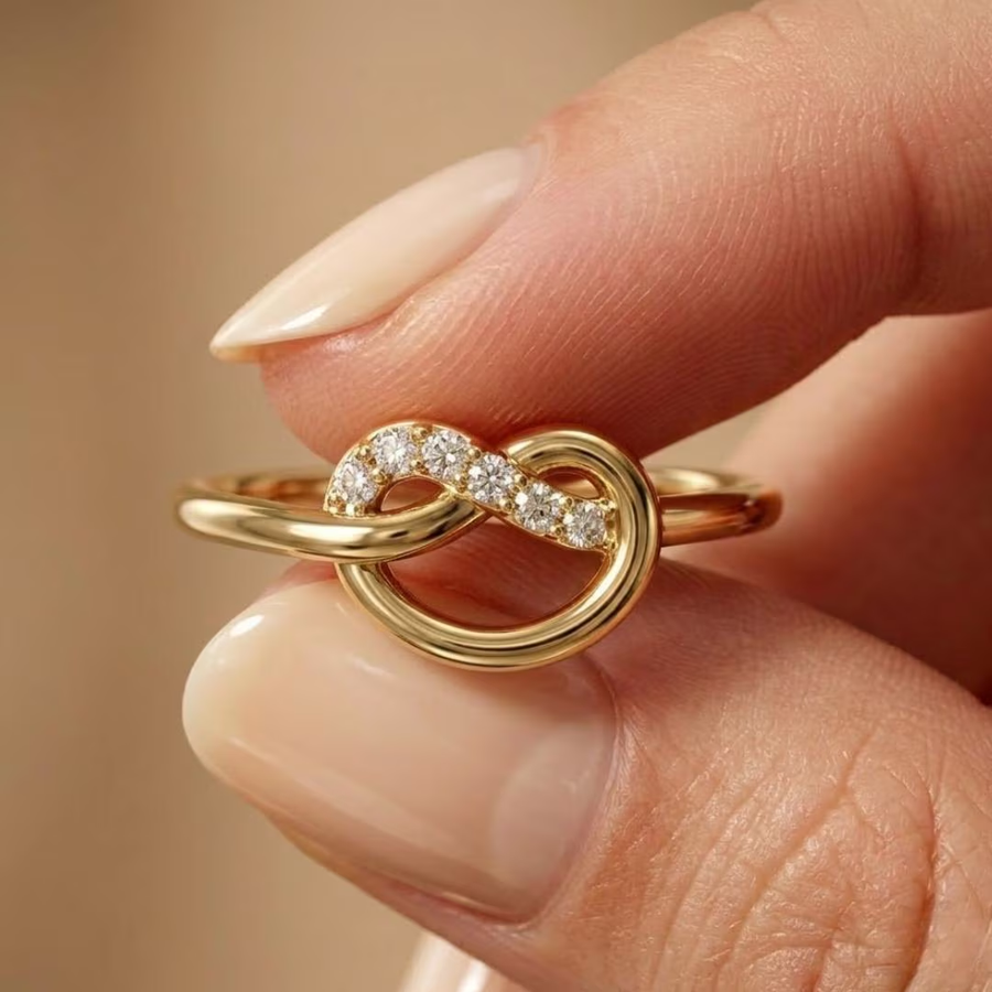 AuvelleCo diamond love knot ring with infinity inspired design in solid gold