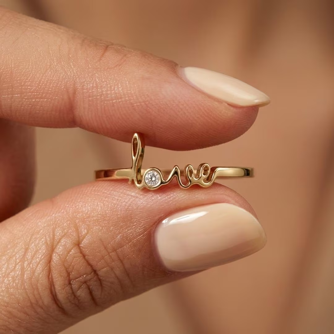 AuvelleCo solid gold love script promise ring with bezel style diamond accent