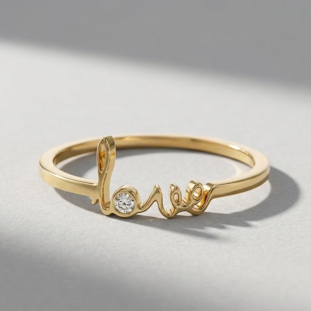 AuvelleCo solid gold love script promise ring with bezel style diamond accent