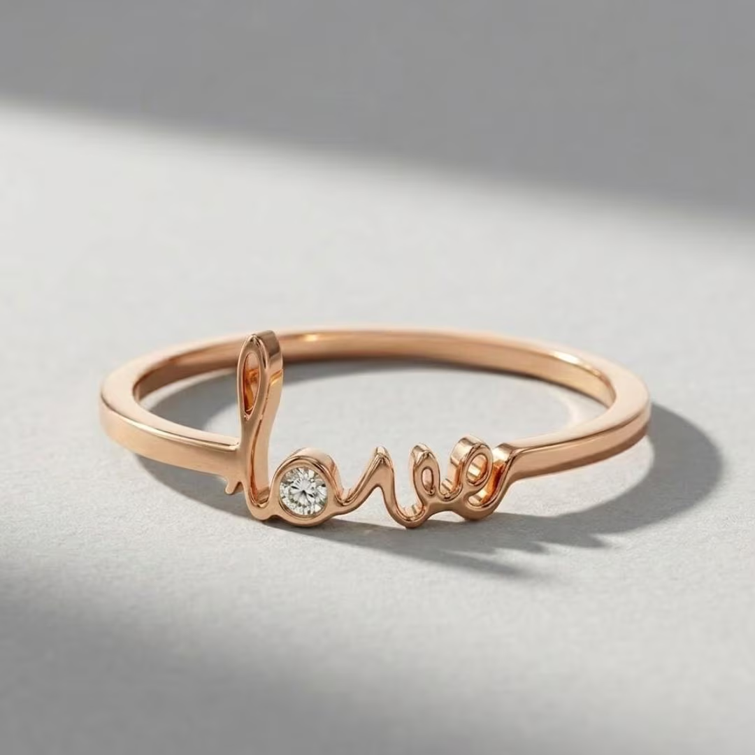 AuvelleCo solid gold love script promise ring with bezel style diamond accent