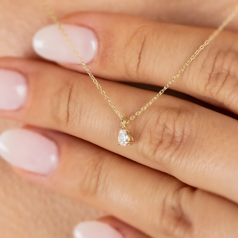 Petite Pear Cut Diamond Solitaire Necklace in Solid Gold