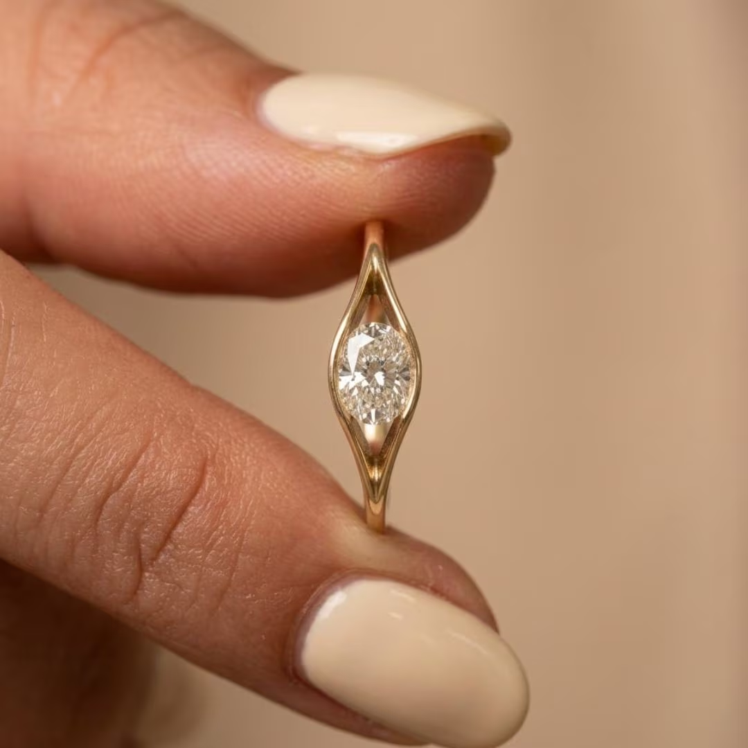 Yellow gold oval diamond solitaire ring with open eye split shank