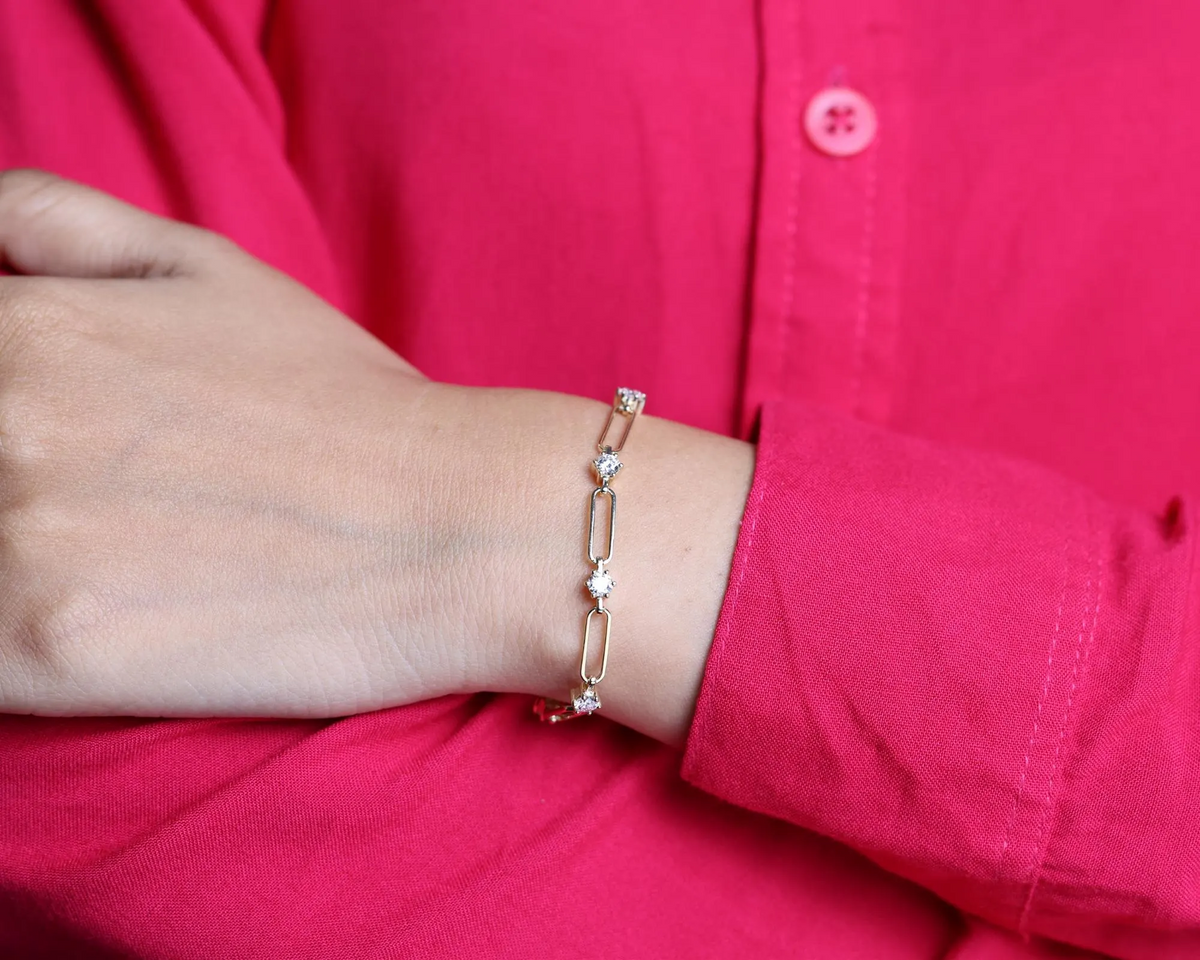 Paperclip Diamond Station Bracelet worn on wrist, view 2