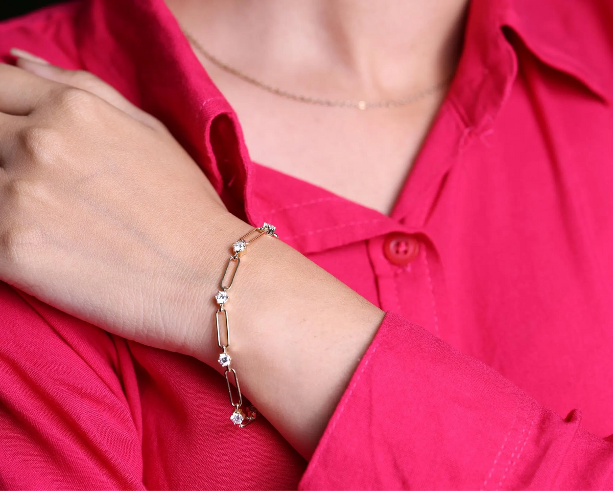 Paperclip Diamond Station Bracelet worn on wrist, view 3