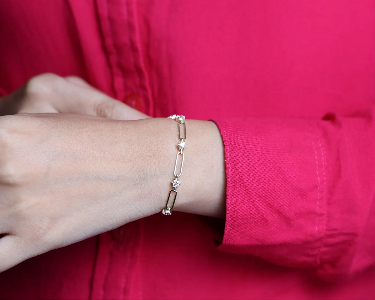 Paperclip Diamond Station Bracelet worn on wrist, view 6