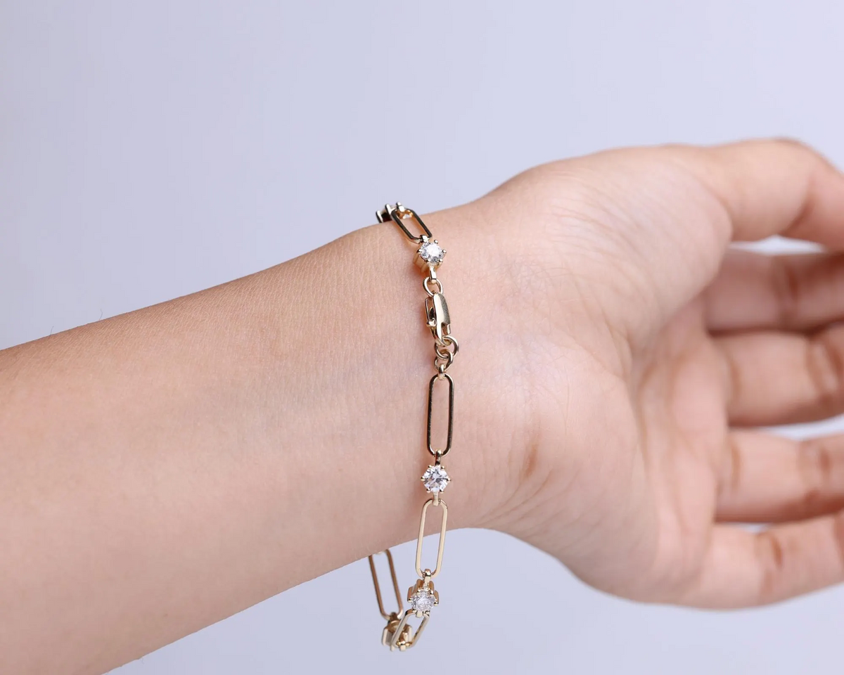 Paperclip Diamond Station Bracelet lobster clasp view on wrist