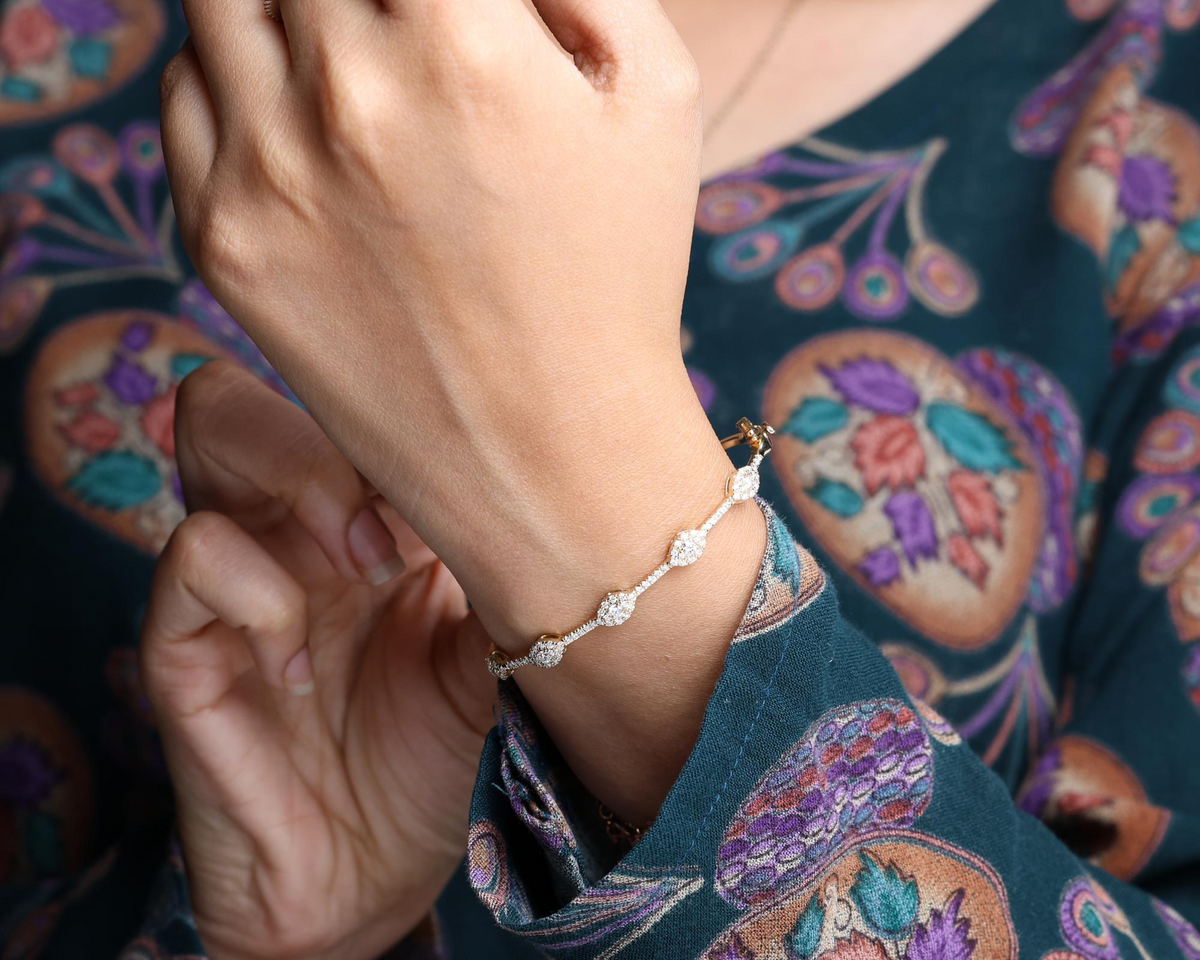 Pave Halo Diamond Bangle Bracelet worn on wrist, view 5