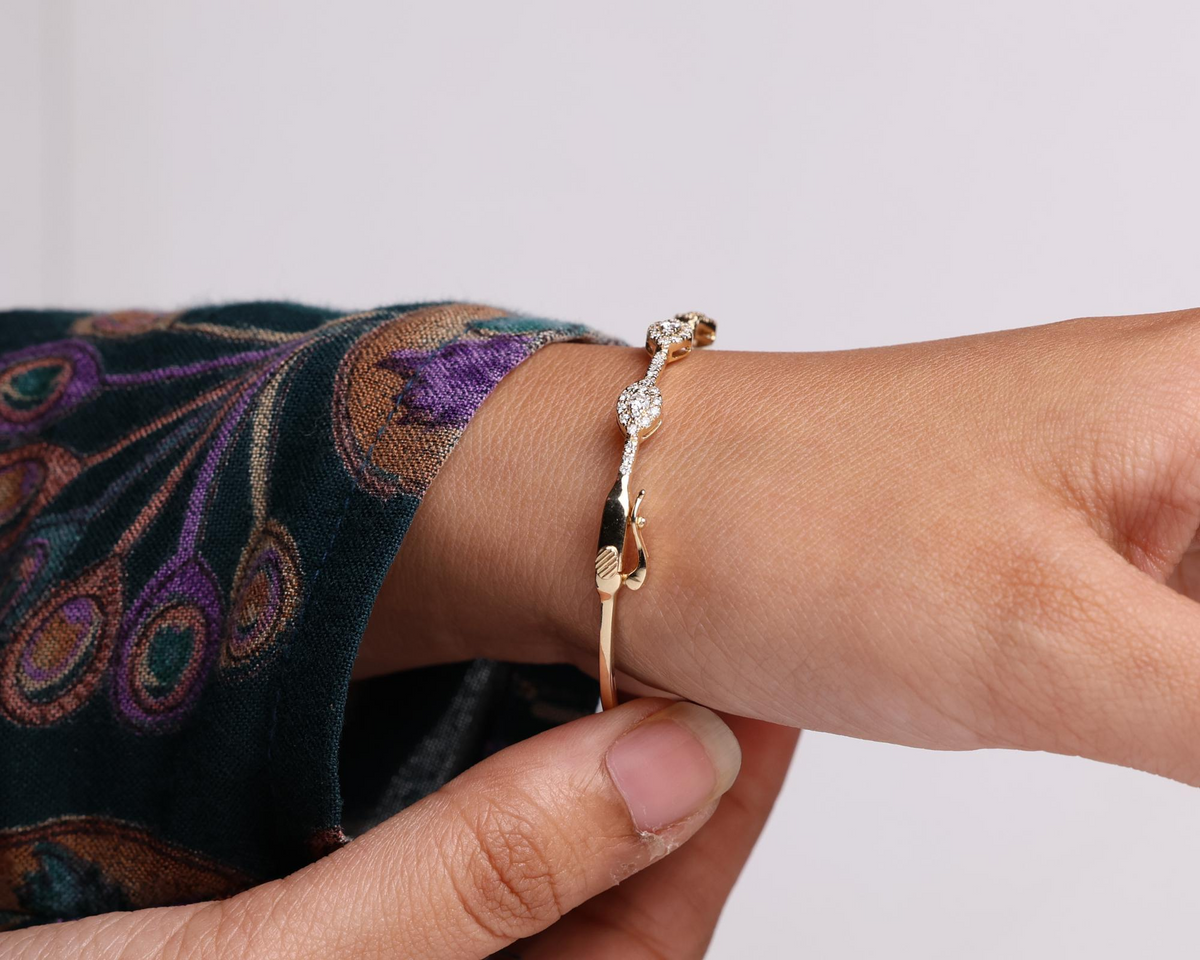 Pave Halo Diamond Bangle Bracelet worn on wrist, view 6
