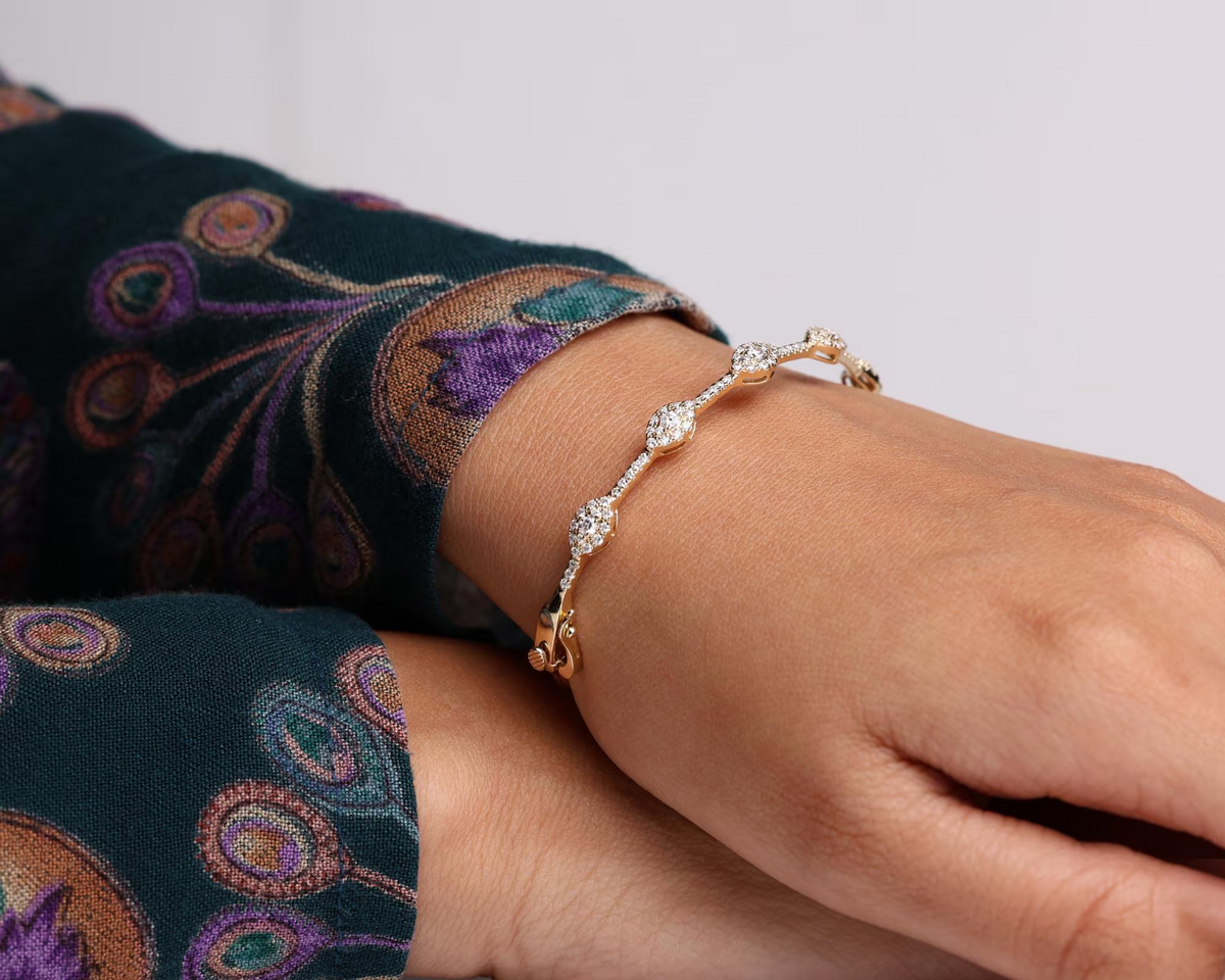 Pave Halo Diamond Bangle Bracelet worn on wrist, view 8