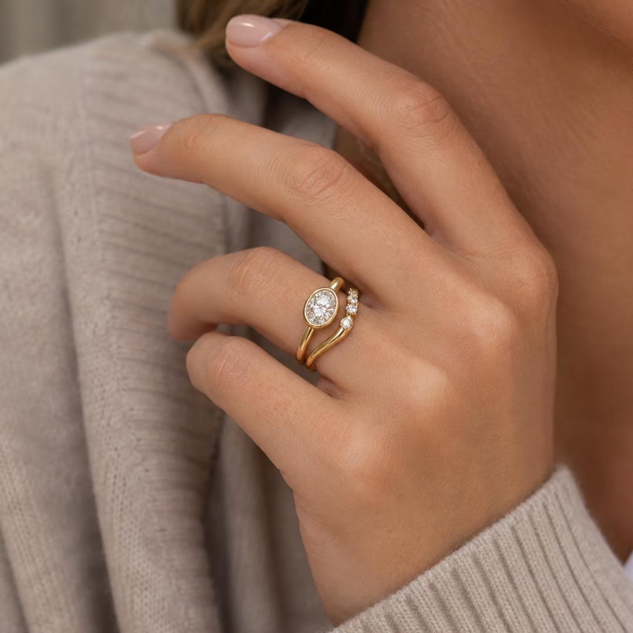AuvelleCo semi flow diamond wedding band styled with a separate ring; additional ring not included