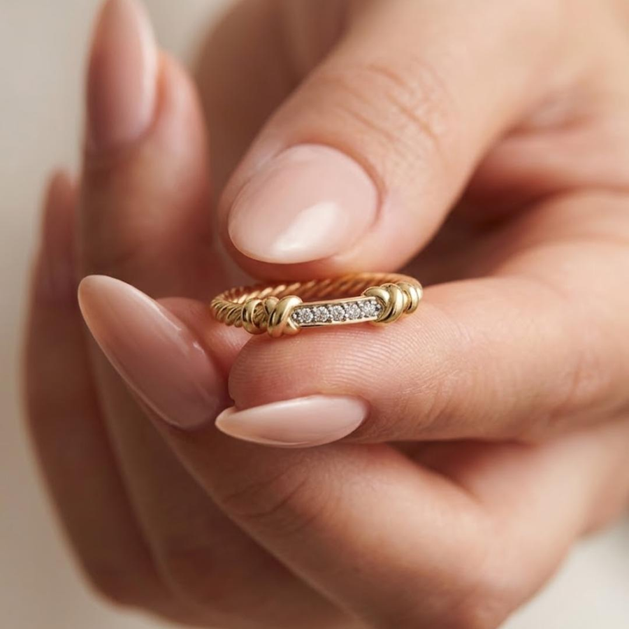 AuvelleCo twisted rope diamond bar ring in solid gold