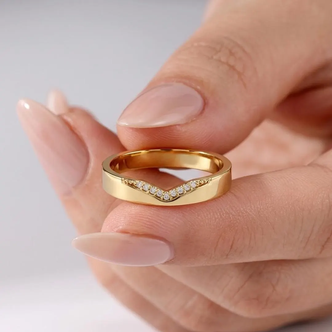 V Shaped Diamond Chevron Wedding Band — Yellow gold close-up