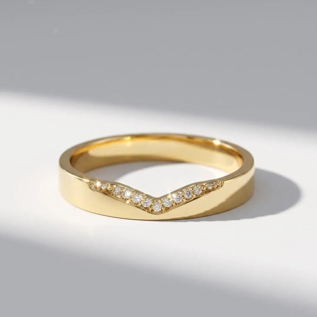 V Shaped Diamond Chevron Wedding Band — Yellow gold front view